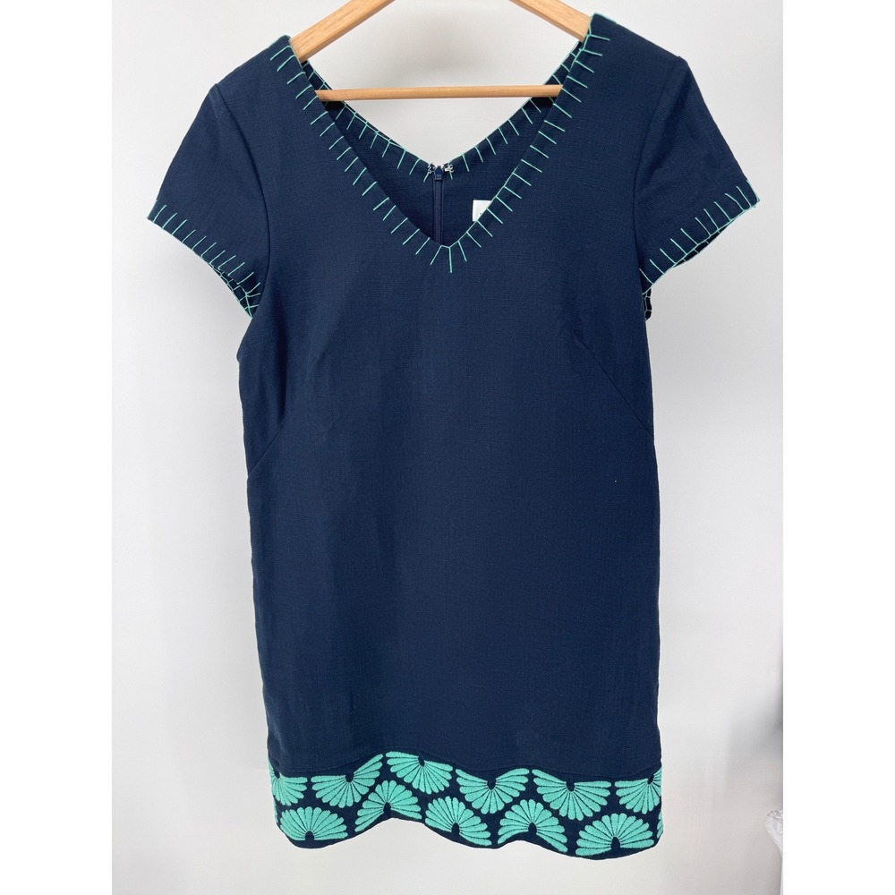 Vineyard Vines Shift Dress Womens 10 Navy Blue Linen Blend Embroidered Coastal